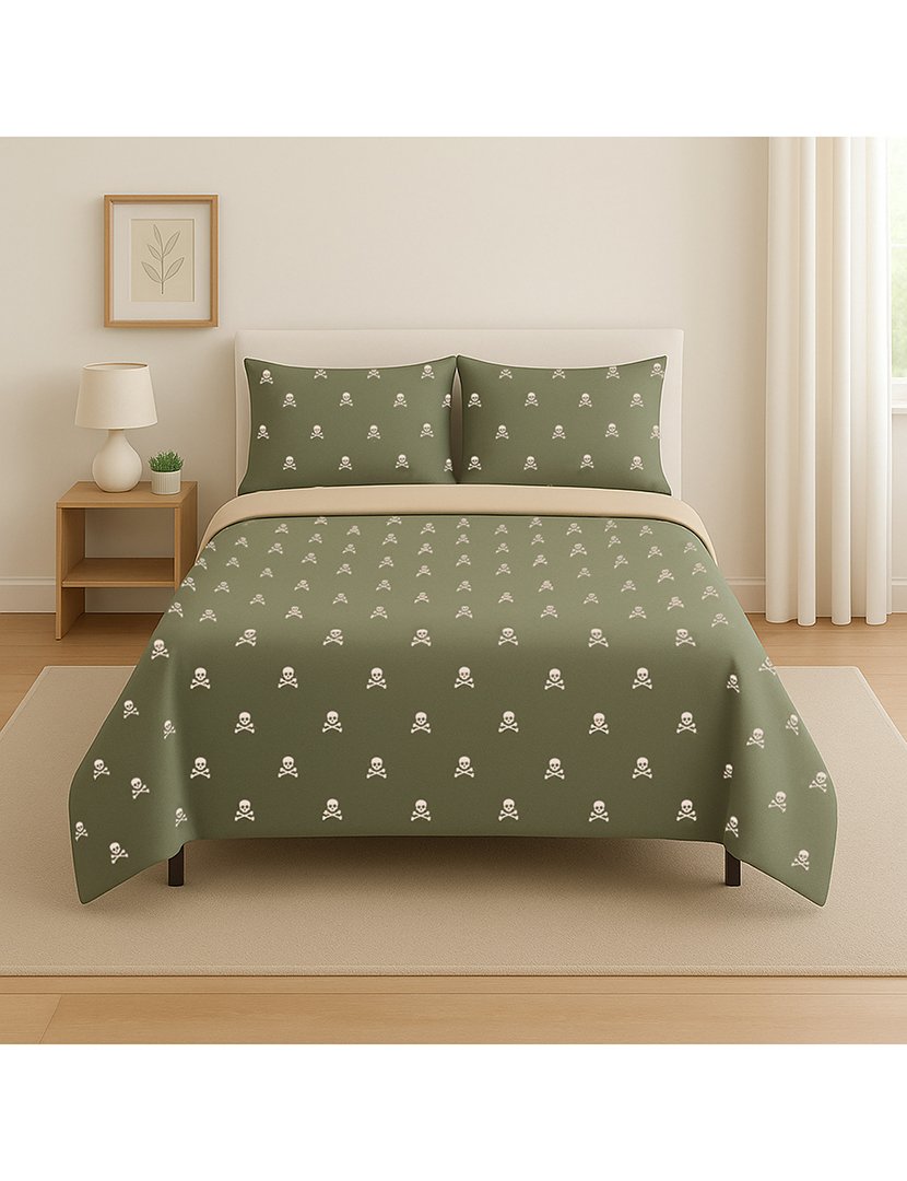 Conjunto Cama - capa de edredon + 2 fronhas para almofadas Verde/Castanho