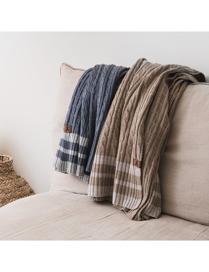 Manta Tricô Trançado 140x190 cm Listras Castanho/Bege