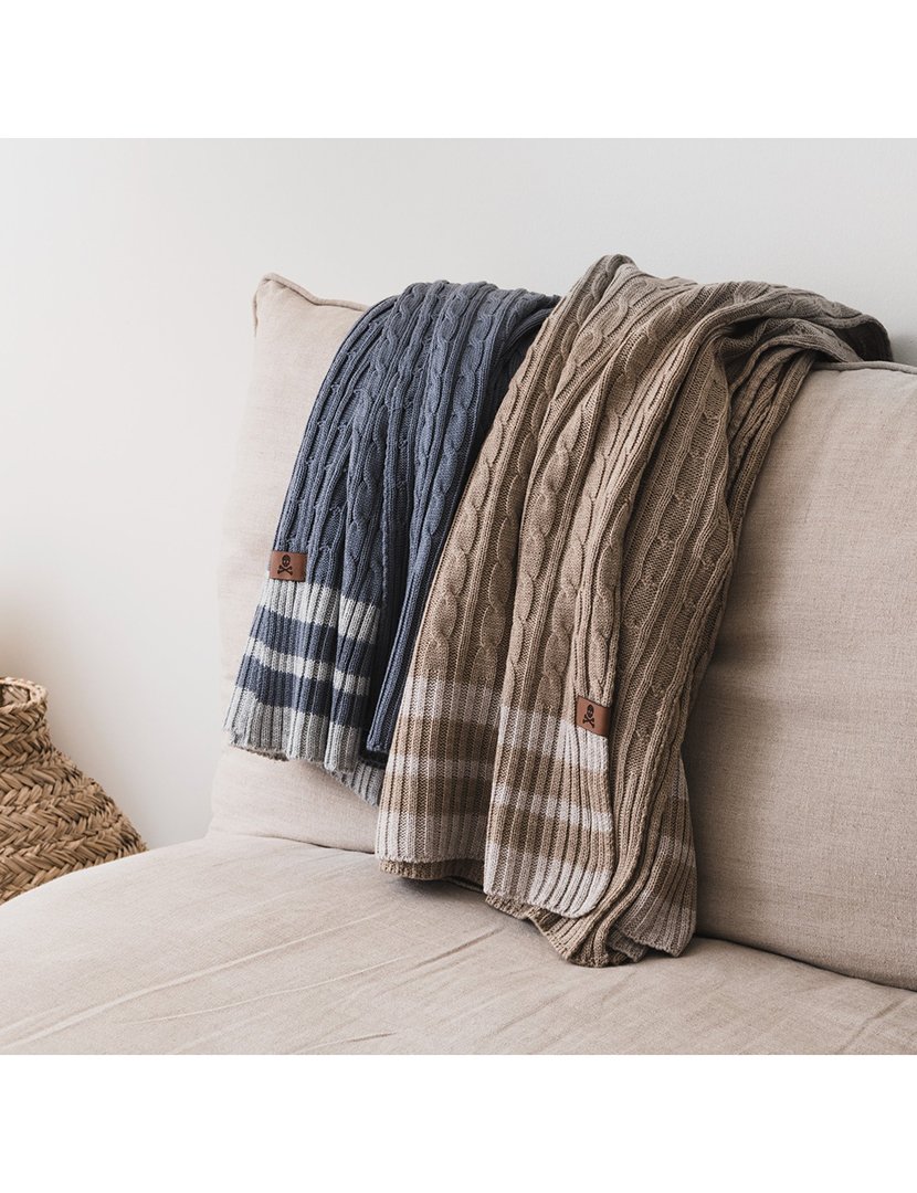 Manta Tricô Trançado 140x190 cm Listras Azul/Cinzento