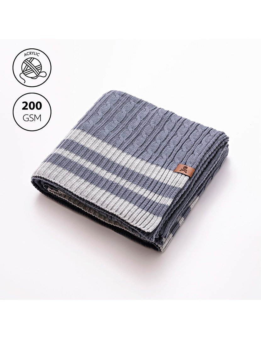 Manta Tricô Trançado 140x190 cm Listras Azul/Cinzento