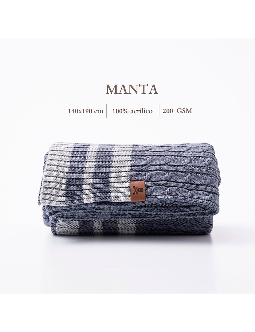 Manta Tricô Trançado 140x190 cm Listras Azul/Cinzento