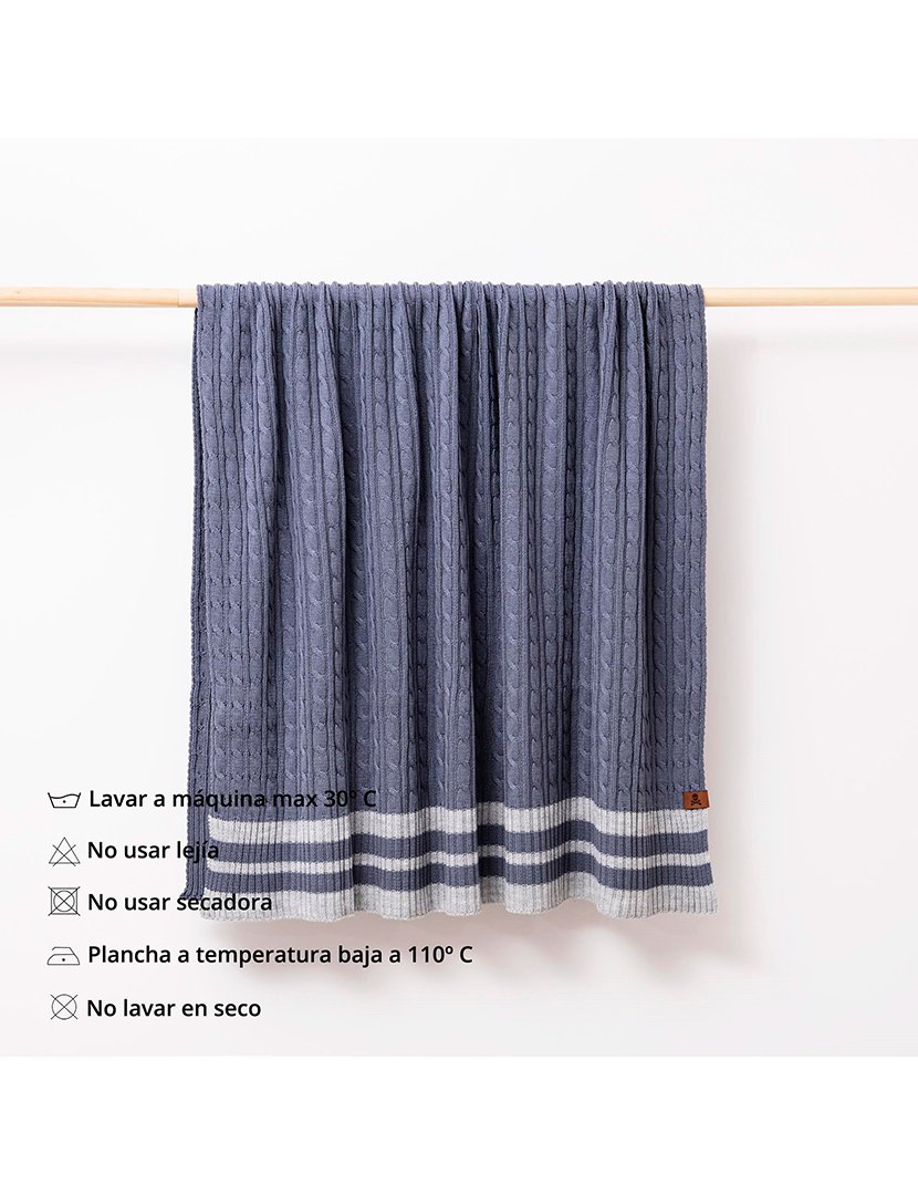 Manta Tricô Trançado 140x190 cm Listras Azul/Cinzento