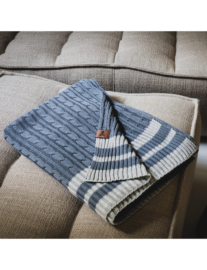 Manta Tricô Trançado 140x190 cm Listras Azul/Cinzento