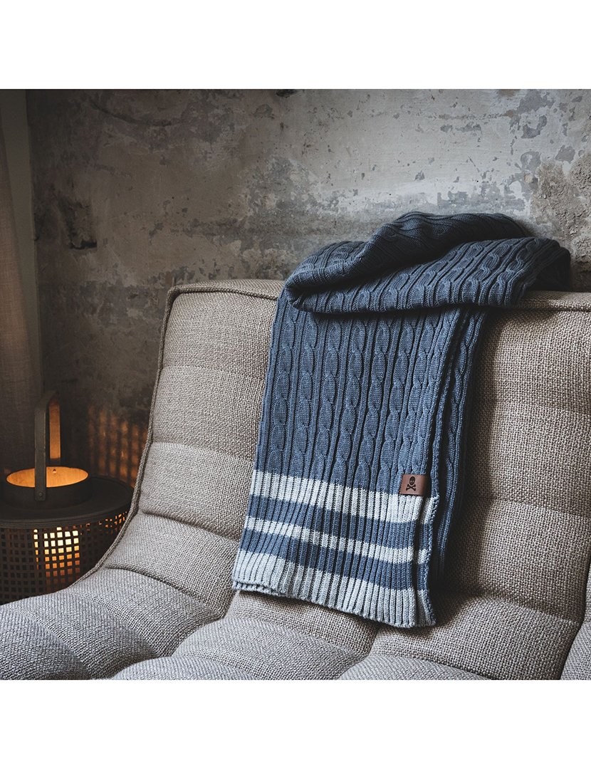 Manta Tricô Trançado 140x190 cm Listras Azul/Cinzento
