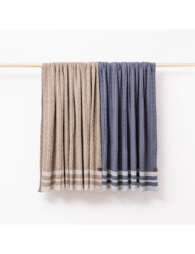 Manta Tricô Trançado 140x190 cm Listras Azul/Cinzento