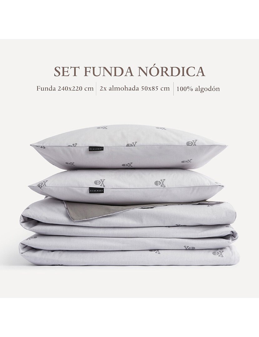 Conjunto Cama 240x220 cm - capa de edredon + 2 fronhas Caveiras Cinzento