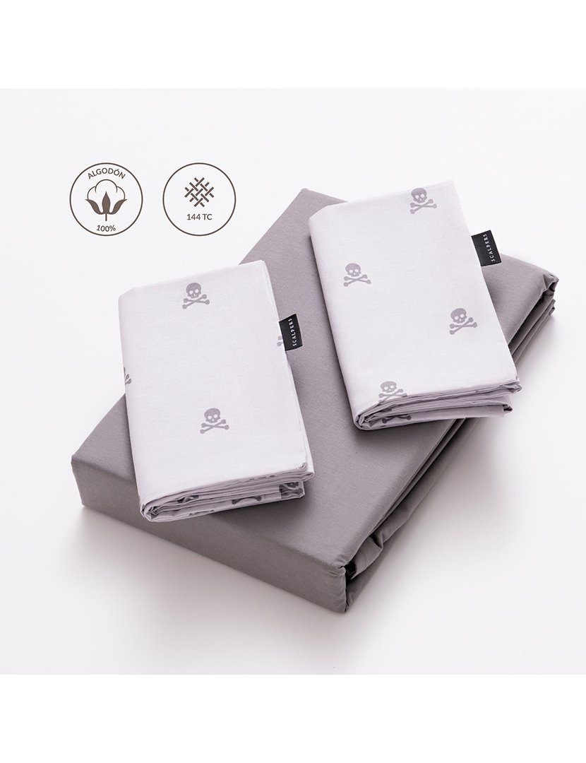 Conjunto Cama 240x220 cm - capa de edredon + 2 fronhas Caveiras Cinzento