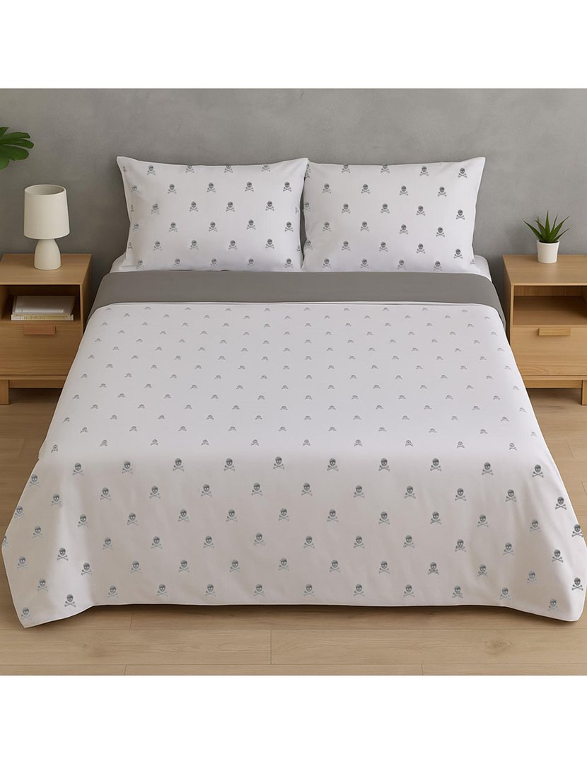 Conjunto Cama 260x240 cm - capa de edredon + 2 fronhas Caveiras Cinzento