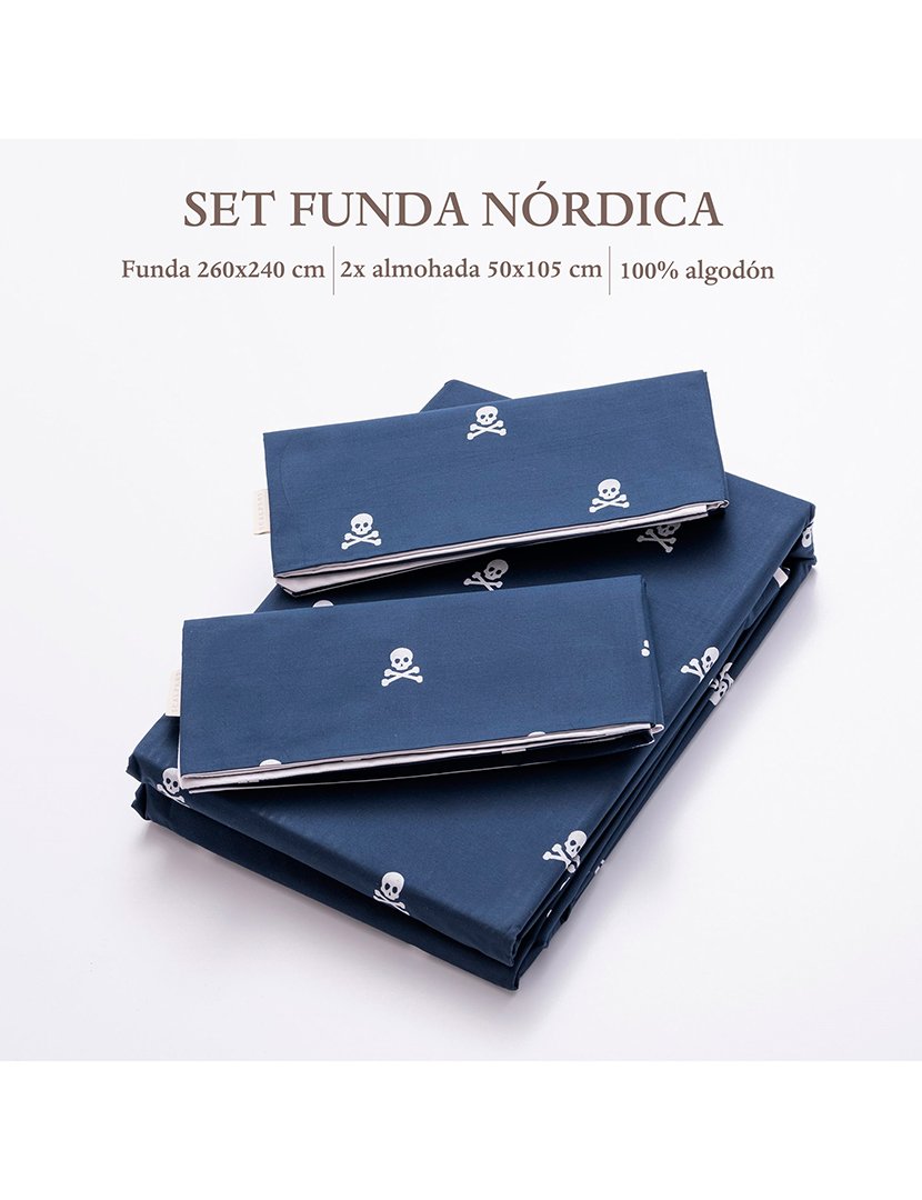 Conjunto Cama 260x240 cm - capa de edredon + 2 fronhas caveiras Azul Marinho