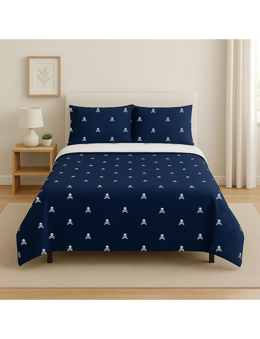 Conjunto Cama 260x240 cm - capa de edredon + 2 fronhas caveiras Azul Marinho