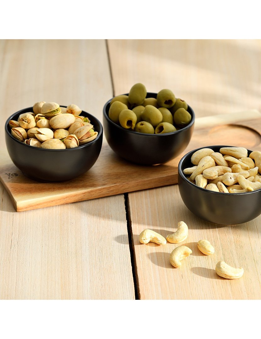 Conjunto 4 peças aperitivos (3 tigelas + tábua de madeira)