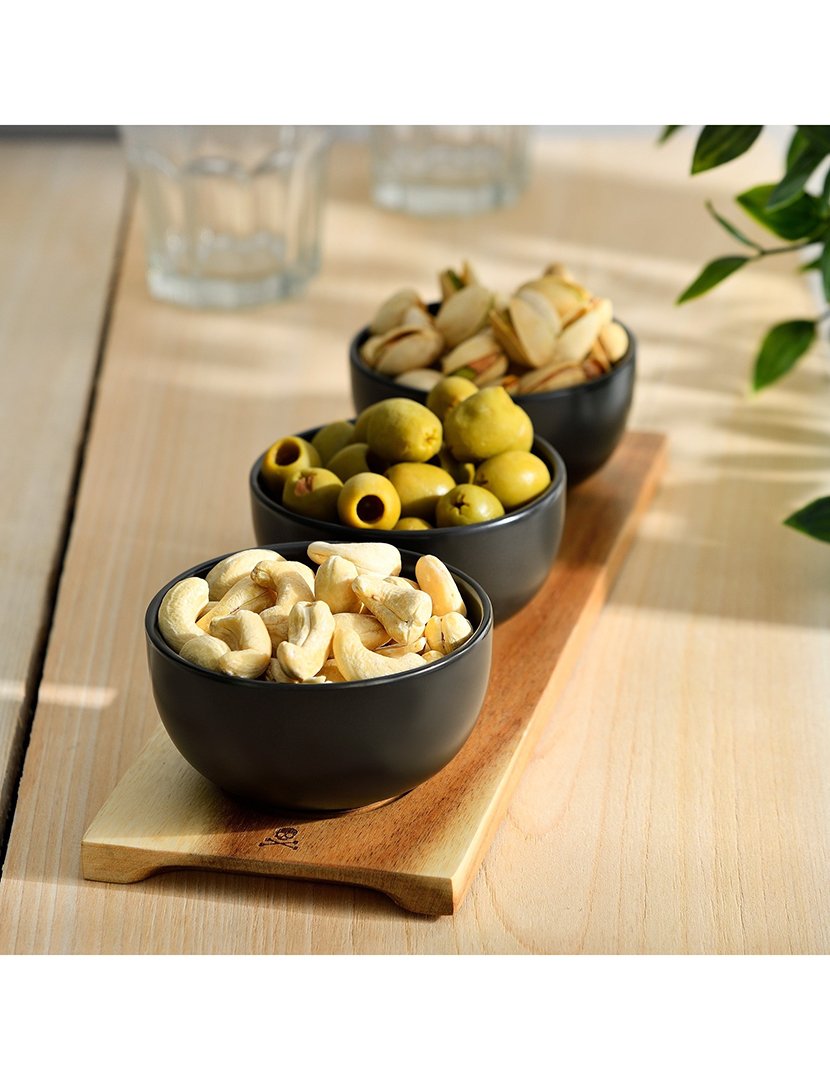 Conjunto 4 peças aperitivos (3 tigelas + tábua de madeira)