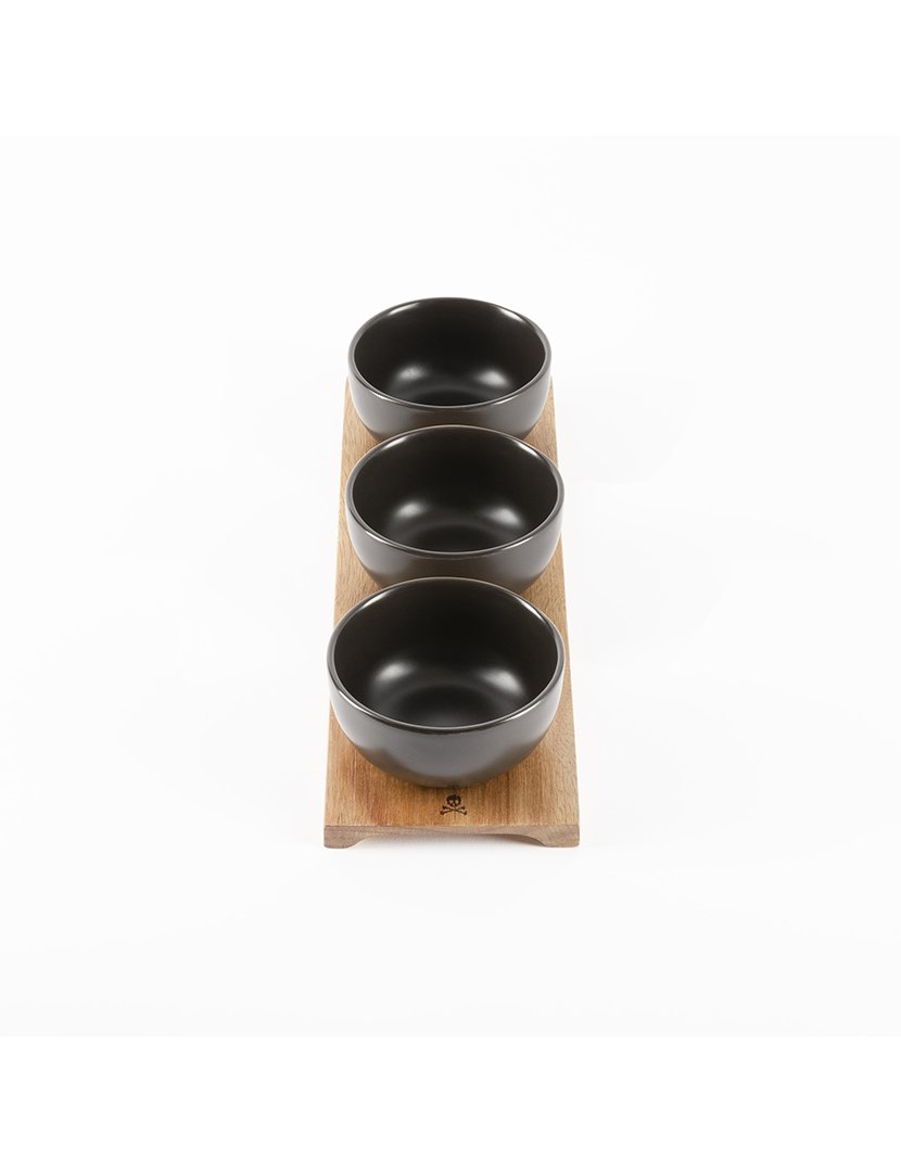 Conjunto 4 peças aperitivos (3 tigelas + tábua de madeira)