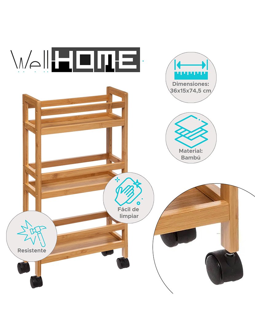 Carrinho de bambu com rodinhas 3 andares