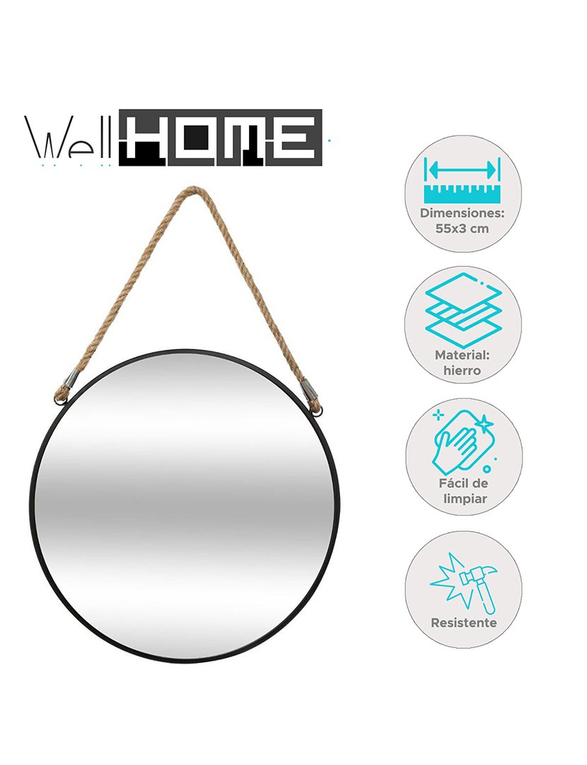 Espelho redondo de metal com corda