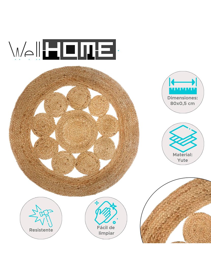 Tapete redondo rústico de juta desenhos geométricos 80cm