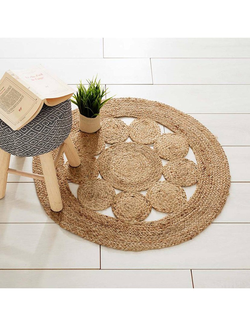 Tapete redondo rústico de juta desenhos geométricos 80cm