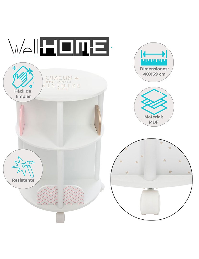 Estante infantil redonda com rodinhas para organizar livros, ø40 x 59cm.