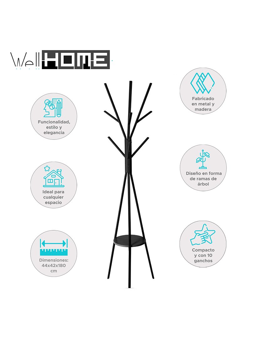 Bengaleiro em MDF preto e madeira 180cm 