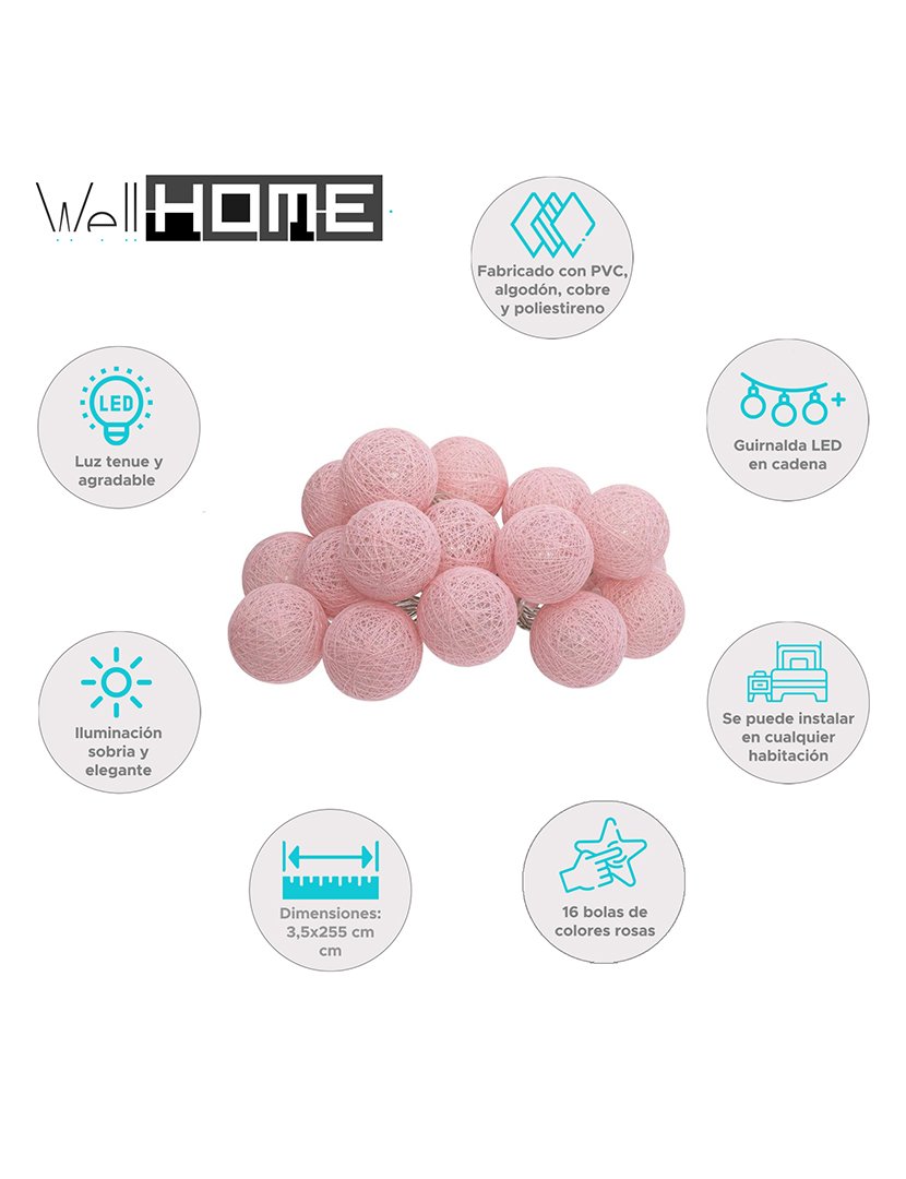 Guirlanda rosada LED com 16 bolas