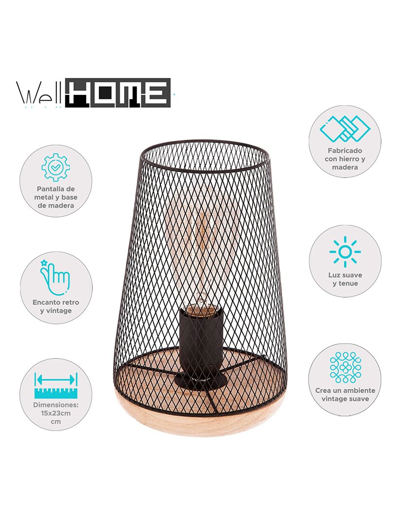 Candeeiro de mesa preto de madeira e metal 23cm