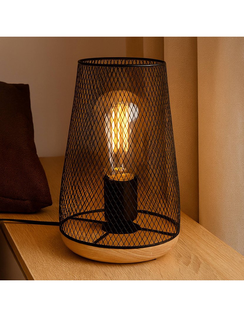 Candeeiro de mesa preto de madeira e metal 23cm