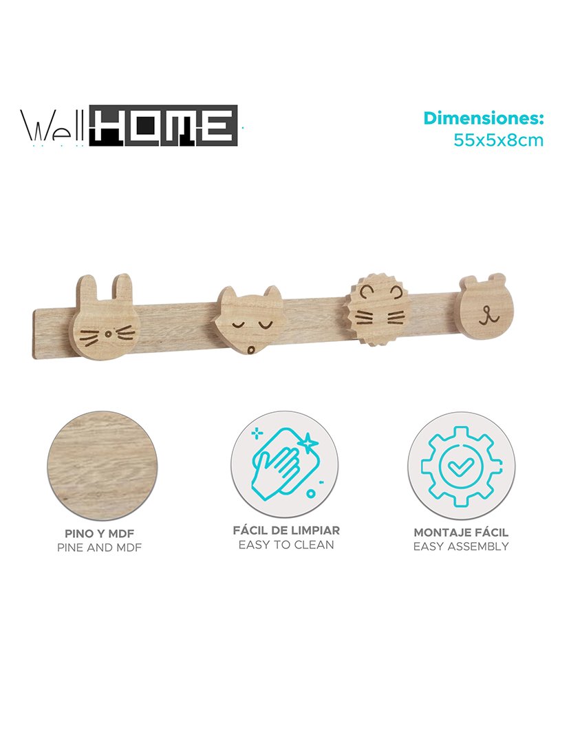 Bengaleiro infantil "Wild" em madeira 5 ganchos