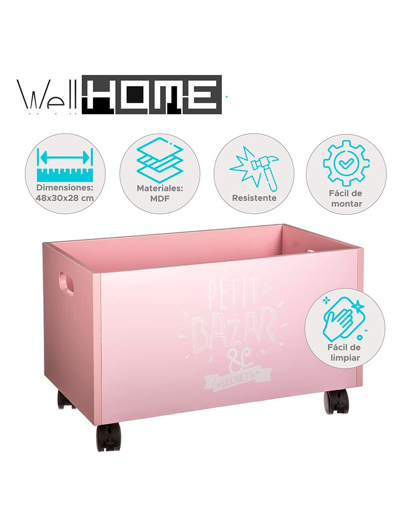 Baú de brinquedos rosa com rodinhas 48x28x28.5cm