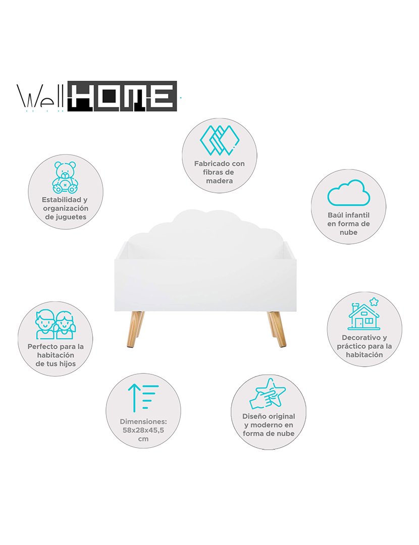 Baú de brinquedos infantil branco "nuvem" 58x28x45.5cm
