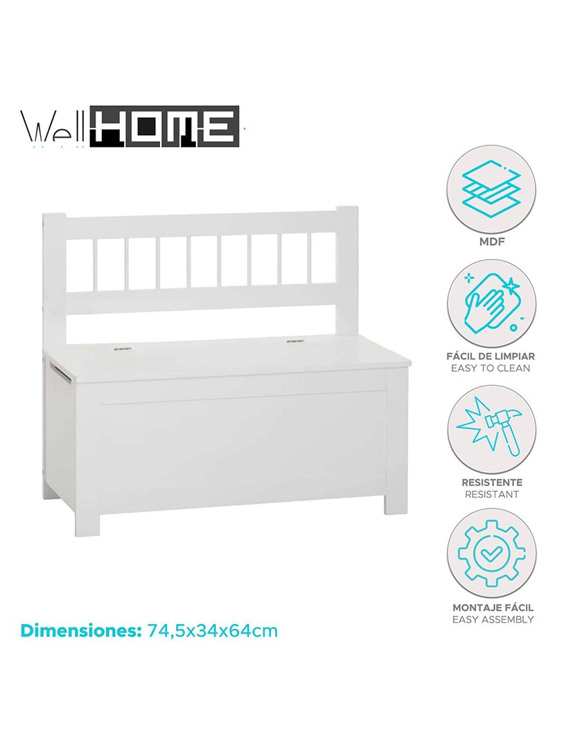 Banco/Baú infantil de madeira branco 74.5x34x64cm