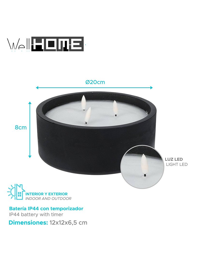 Vela redonda LED preta ø20x8cm