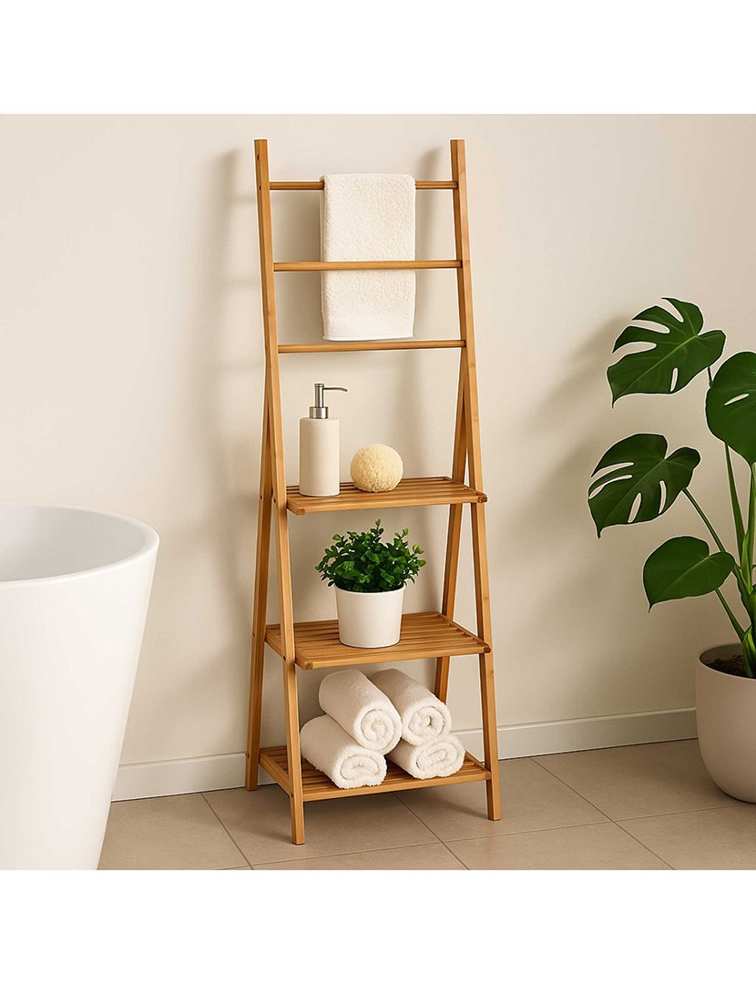 Suporte de toalhas com prateleiras de bambu