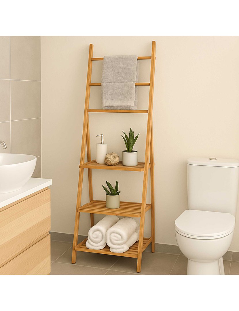 Suporte de toalhas com prateleiras de bambu