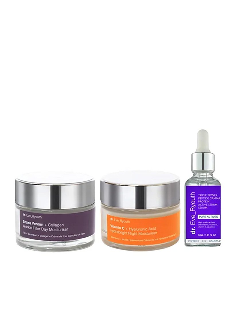 Hidratante Diurno Preenchedor de Rugas com Veneno de Cobra + Colágeno 50ml + Sérum Restaurador da Pele com Tripeptídeos 30ml + Hidratante Noturno Hidratante Iluminador com Vitamina C + Ácido Hialurônico 50ml