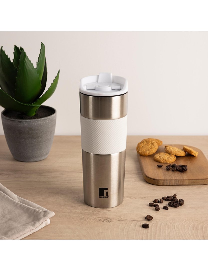 Caneca térmica de viagem de 460ml em aço inoxidável e silicone, branca, Lovers Bergner