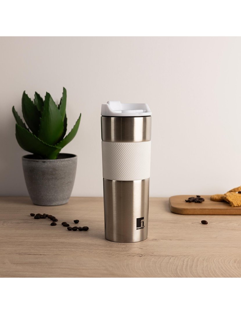 Caneca térmica de viagem de 460ml em aço inoxidável e silicone, branca, Lovers Bergner