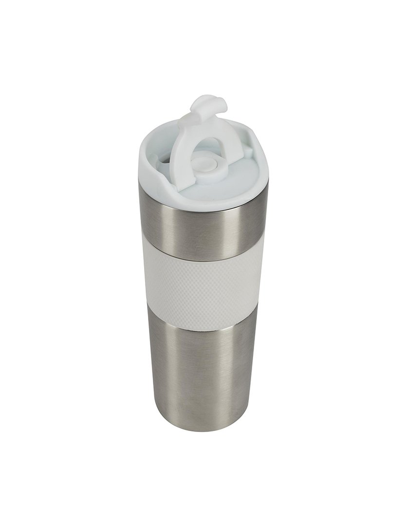 Caneca térmica de viagem de 460ml em aço inoxidável e silicone, branca, Lovers Bergner