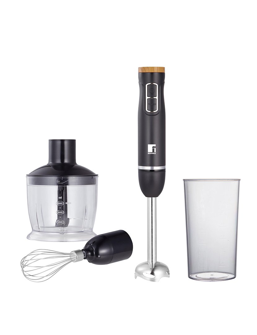 Liquidificador de mão de 1000 W com 2 velocidades, processador de alimentos de 600 ml, batedor de arame e copo medidor de 600 ml da Bergner.
