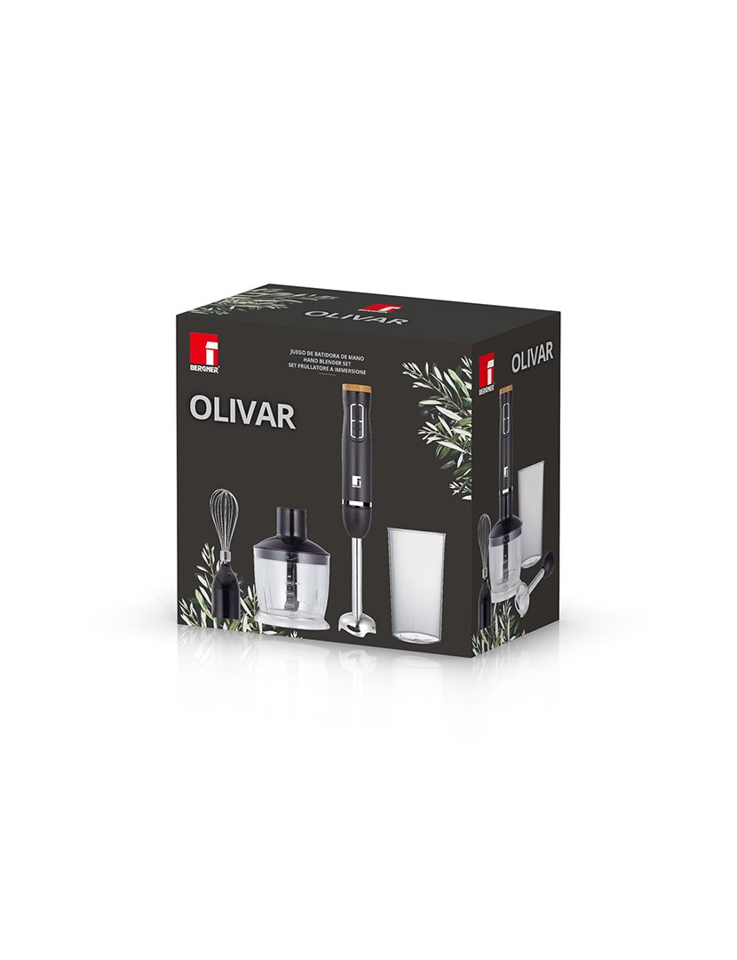 Liquidificador de mão de 1000 W com 2 velocidades, processador de alimentos de 600 ml, batedor de arame e copo medidor de 600 ml da Bergner.