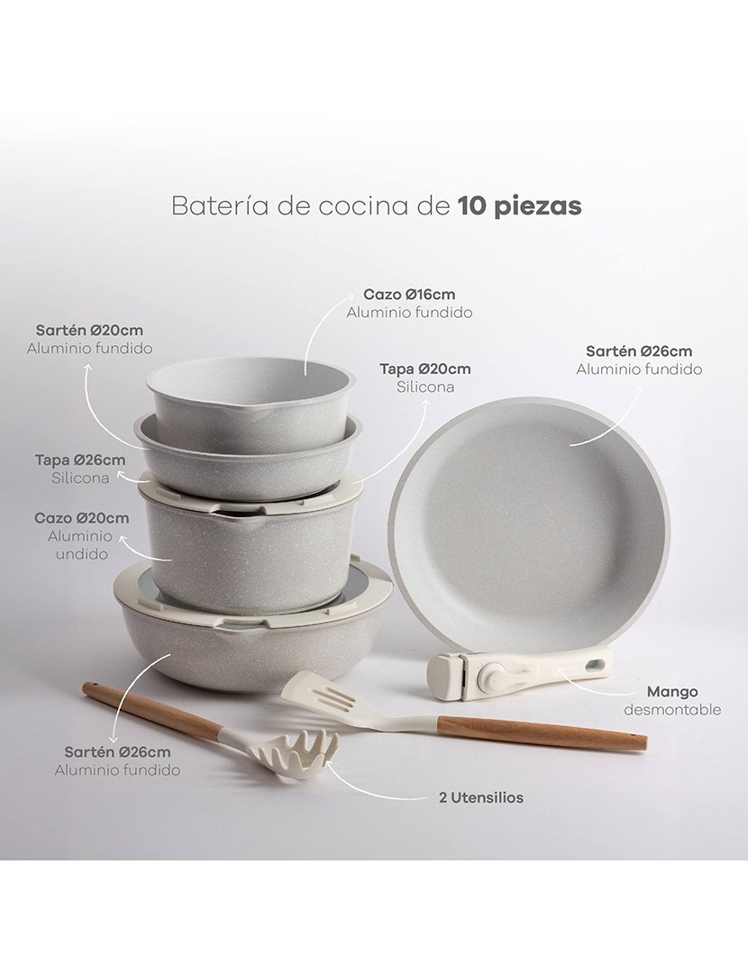 Conjunto de panelas Bergner  de 10 peças, bege, com cabos removíveis, 3 frigideiras, 2 panelas, tampas e utensílios, alumínio fundido com revestimento antiaderente.