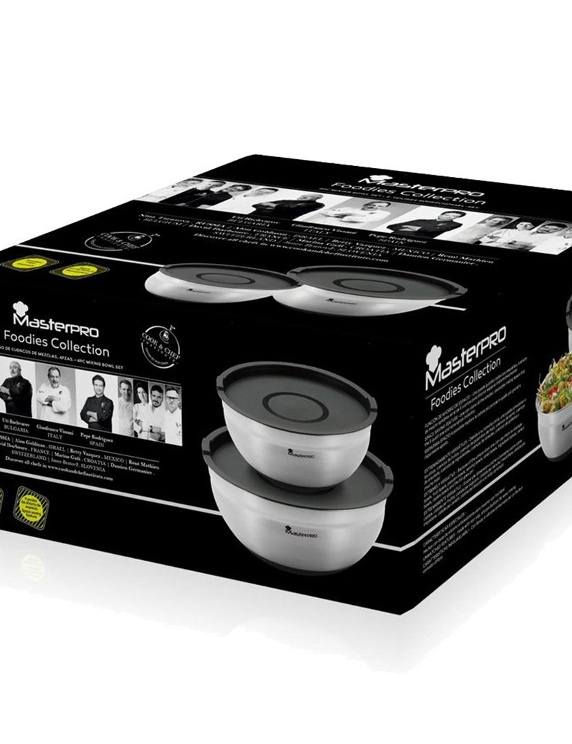 Conjunto de 2 tigelas de aço inoxidável ø20ø24cm + 2 tampas pretas foodies