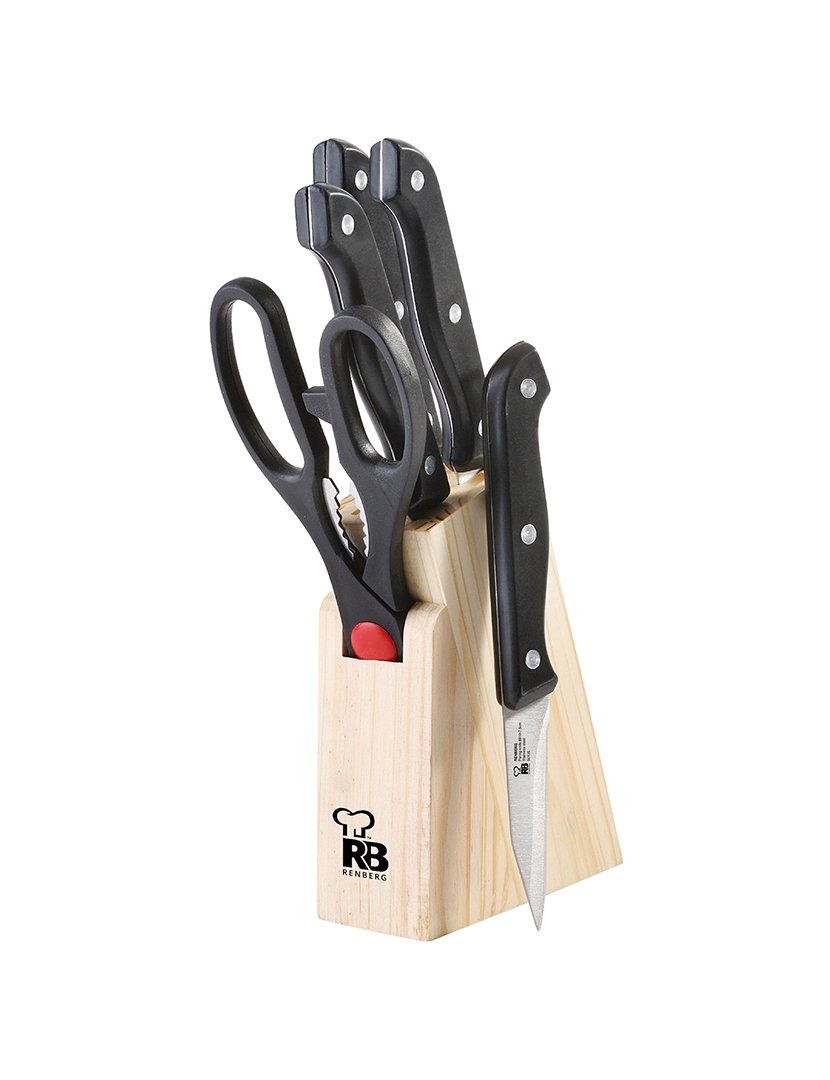 Conjunto de 6 peças (4 facas + tesoura + cepo) em aço inoxidável e madeira - Coleção Bonn