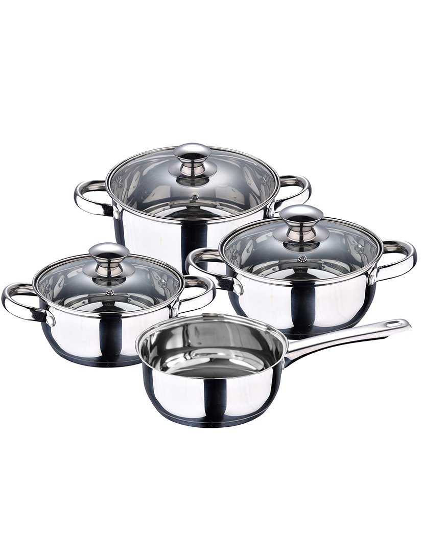 Conjunto de panelas Faro de 7 peças em aço inoxidável, adequado para todos os tipos de fogão.