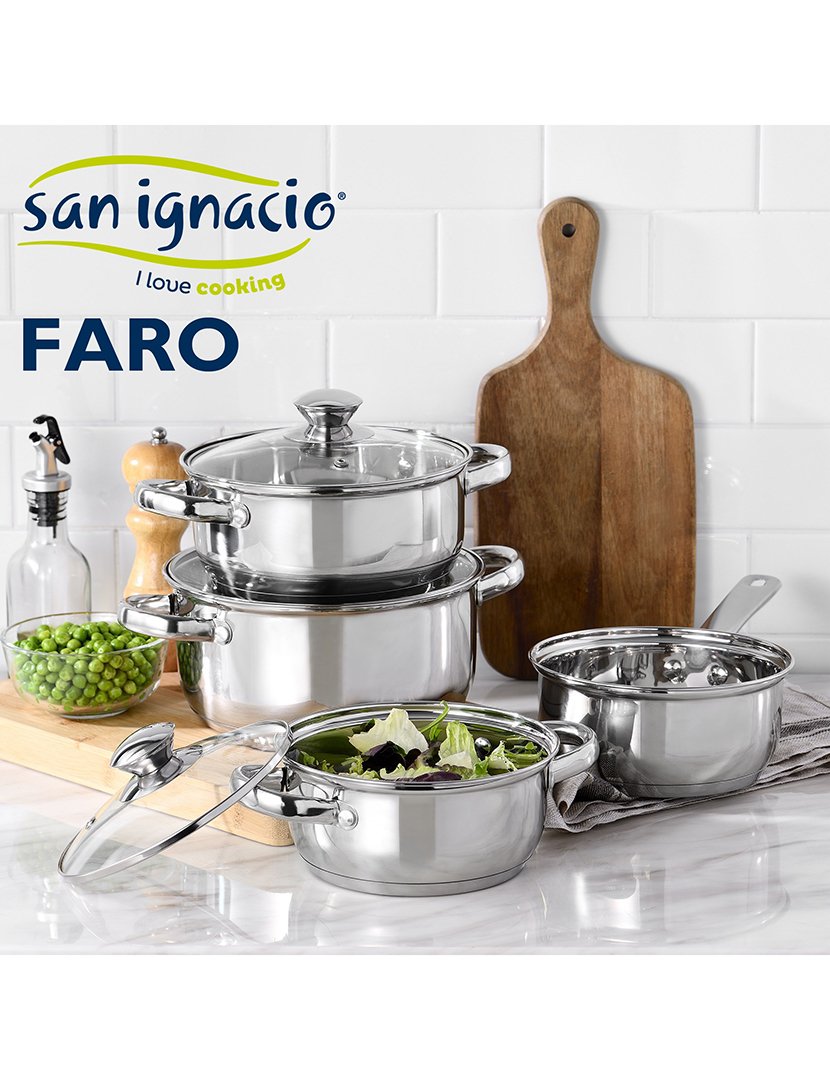 Conjunto de panelas Faro de 7 peças em aço inoxidável, adequado para todos os tipos de fogão.