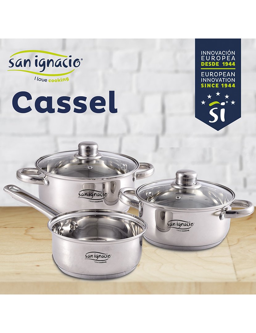 Conjunto de panelas de aço inoxidável com 5 peças: panela ø16x7,5 cm, caçarolas ø18x8,5 cm e ø20x9,5 cm, compatível com indução, coleção Cassel