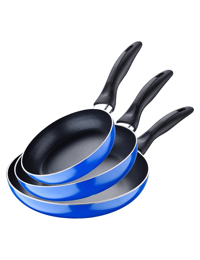 Conjunto de 3 frigideiras (16+20+24cm) em alumínio prensado, cor azul marinho, estilo paraíso.