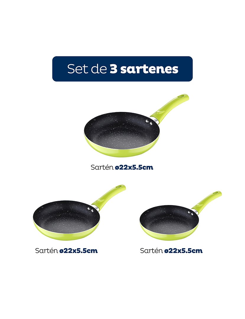 Conjunto de 3 frigideiras (20+24+28cm) em alumínio prensado verde molen