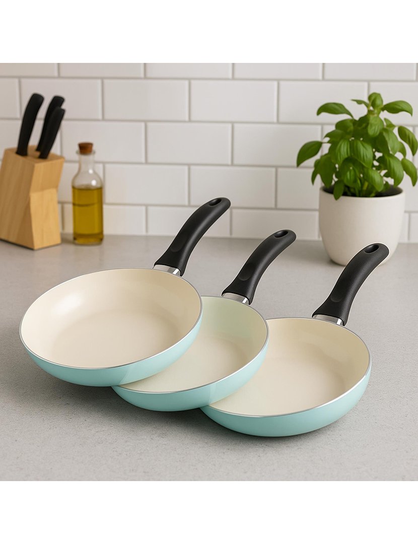 Conjunto de 3 frigideiras ø16ø20ø24cm em alumínio prensado azul claro