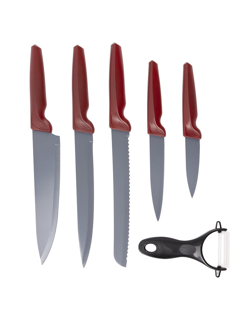 Conjunto de 5 facas + descascador em aço inoxidável com acabamento em bordo