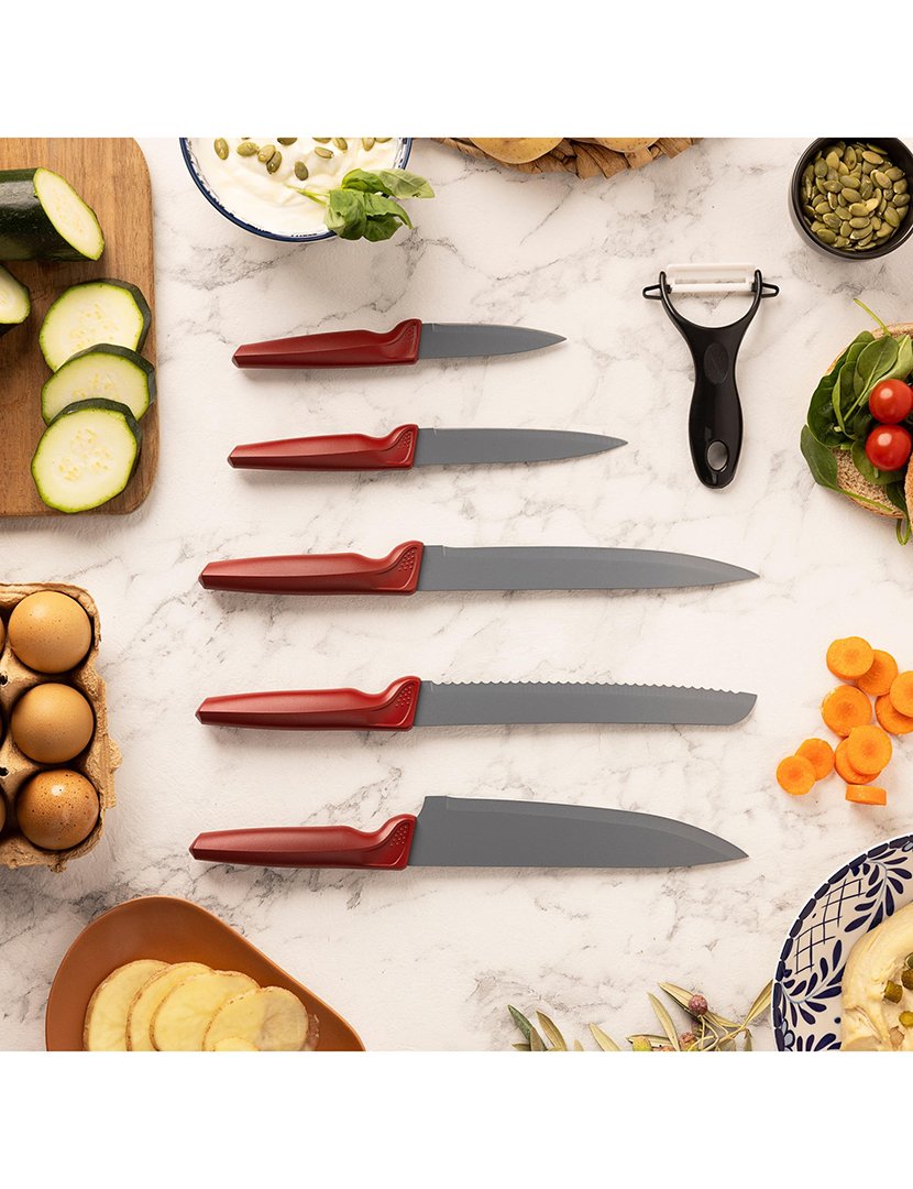 Conjunto de 5 facas + descascador em aço inoxidável com acabamento em bordo